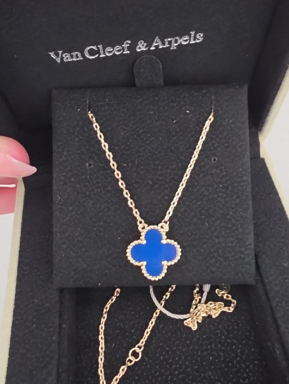 Van Cleef & Arpels Blue Alhambra Necklace in Gold Tone